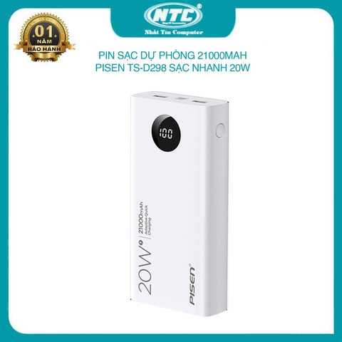 Pin sạc dự phòng Pisen Quick TS-D298 21000mAh 2 USB QC3.0 TypeC PD 20W hiển thị LED (Trắng)