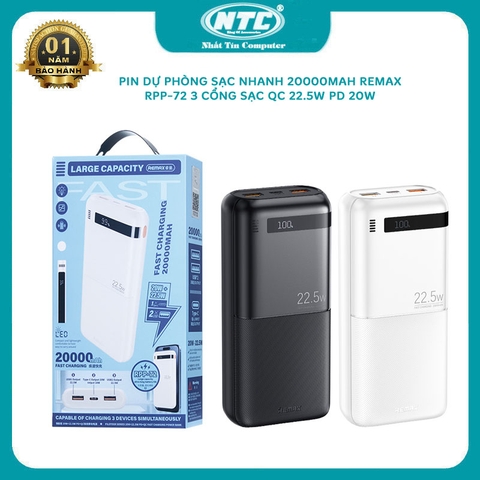 Pin dự phòng sạc nhanh iphone 15 Remax RPP-72 siêu bền 20000mAh - hỗ trợ QC 22.5W PD 20W (màu ngẫu nhiên))