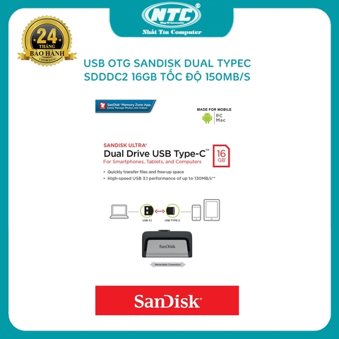 USB OTG 16GB Sandisk Ultra Dual TypeC 3.1 tốc độ 150MB/s SDDDC2 (Bạc)