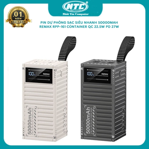 Pin dự phòng siêu nhanh 50000mah REMAX RPP-161 Container, sạc cùng lúc 5 máy, typec IN OUT, sạc iphone 15 - hỗ trợ QC 22.5W và PD 27W (2 màu)