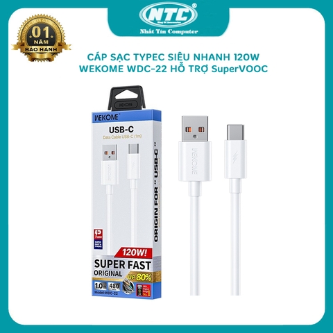 Cáp sạc nhanh typeC 120W Wekome WDC-22 truyền dữ liệu - hỗ trợ chuẩn VOOC, SuperVOOC, PD, QC, AFC (trắng)