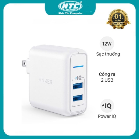 Cốc sạc 2 cổng USB Anker PowerPort 2 Elite A20232 công suất 24W - chân gập gấp gọn (trắng)