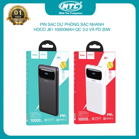 Pin dự phòng sạc nhanh Hoco J81 10000mAh hỗ trợ QC 3.0 và PD 20W - tích hợp 2 Input typeC và microUSB (2 màu tuỳ chọn)