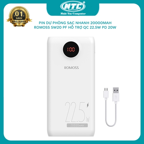 Pin dự phòng sạc nhanh Romoss PSW20PF/PWM20-252 dung lượng 20000mAh LCD - hỗ trợ QC 22.5W và PD 20W (Trắng)