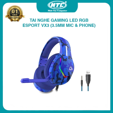 Tai nghe gaming ESPORT VX3 led RGB - tích hợp mic và phone trên 1 jack 3.5mm (Xanh)