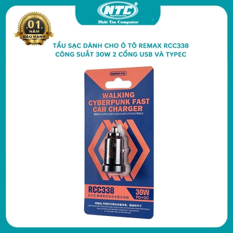 Tẩu sạc dành cho ô tô Remax RCC338 công suất 30W có 1 cổng usb và 1 typec - thiết kế trong suốt