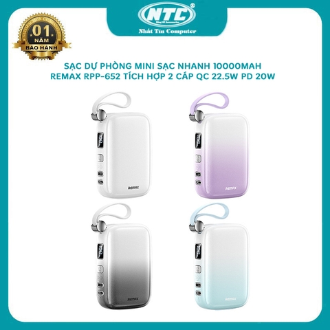 Pin dự phòng siêu gọn Remax RPP-652 10000mAh tích hợp 2 cáp sạc nhanh QC 22.5W và PD 20W - cổng typeC hỗ trợ in/out (4 màu tuỳ chọn)