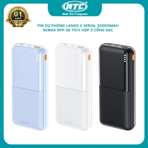 Pin dự phòng 20000mah Remax RPP-26 LANGO II sạc cùng lúc 2 thiết bị - tích hợp cổng typeC in out (3 màu)