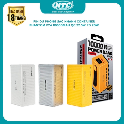 Pin dự phòng sạc nhanh iPhone 15 PHANTOM P24 10000mah Container cell pin Li-ion 21700 - hỗ trợ QC 22.5W và PD 20W (3 màu)