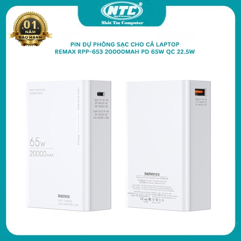 Pin dự phòng siêu nhanh 20000mAh Remax RPP-653 sạc được cả laptop - hỗ trợ PD 65W và QC 22.5W (trắng)