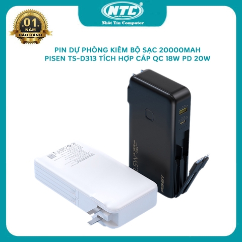 Pin dự phòng kiêm bộ sạc PISEN Quick TS-D313 dung lượng 20000MAH tích hợp 2 cáp sạc nhanh PD 22.5W và QC 18W (2 màu)