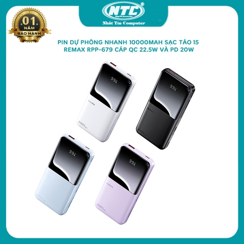 Pin dự phòng sạc nhanh Remax RPP-679 smart chip 10000mAh sạc được iphone 15 - tích hợp 2 cáp QC 22.5W và PD 20W (4 màu)