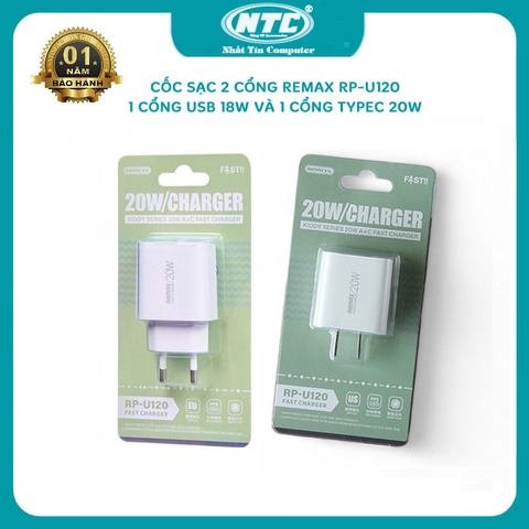 Cốc sạc nhanh Remax RP-U120 chân dẹp / tròn - 1 cổng typeC 20W 1 cổng USB 18W
