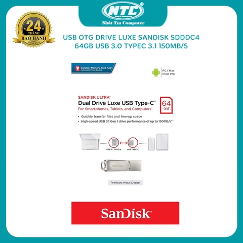 USB OTG 64GB Sandisk SDDDC4 Drive Luxe TypeC 3.1 tốc độ 150MB/s - Vỏ kim loại nguyên khối (Bạc)