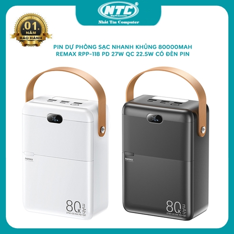 Pin dự phòng 80000mah REMAX RPP-118 sạc nhanh 27W cho iphone 15, có đèn pin, QC 22.5W, PD 27W (2 màu)