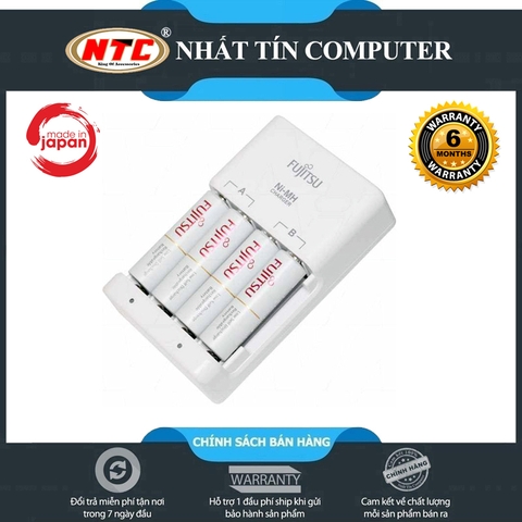 Bộ box sạc kèm 4 pin AA Fujitsu HR-3UTC 1900mAh hàng nội địa box Nhật - made in JAPAN (trắng)