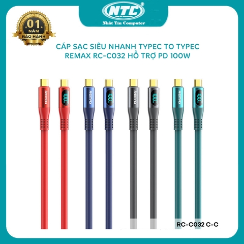 Cáp sạc siêu nhanh typeC to typeC Remax RC-C032 hỗ trợ PD 100W có LCD báo dòng sạc - truyền data dài 1.2m (nhiều màu)