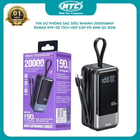Pin dự phòng sạc laptop 20000mAh Remax RPP-59 sạc siêu nhanh 65W, tích hợp cáp in out, LCD báo dòng sạc, lõi pin Lion, PD 65W và QC 60W (đen)