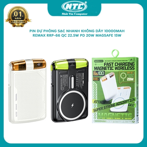 Pin dự phòng không dây magsafe Remax RPP-66 10000mAh sạc nhanh wireless 15W / QC 22.5W / PD 20W (2 màu)