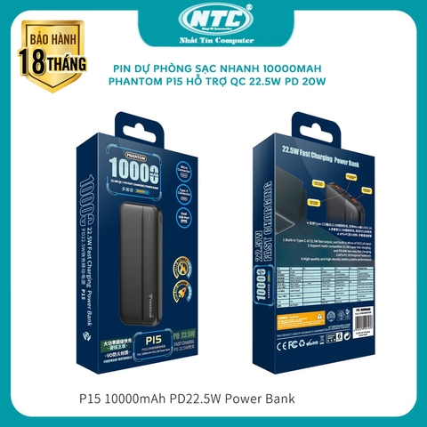 Pin dự phòng sạc nhanh PHANTOM P15 siêu bền 10000mAh hỗ trợ QC 22.5 và PD 20W (2 màu)