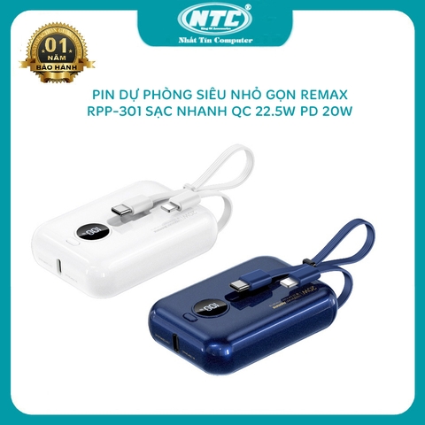 Pin dự phòng siêu nhỏ Remax RPP-301 Amber Series 10000mAh PD 20W và QC 22.5W - tích hợp 2 cáp sạc (2 MÀU)