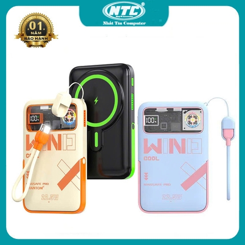 [CÓ 3C] Pin sạc dự phòng không dây PHANTOM P50 10000mAh Wireless 15W, TypeC / LN PD 22.5W, Tích hợp 2 cáp, Có giá đỡ, Tản nhiệt