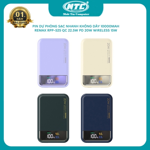 Pin dự phòng không dây sạc nhanh Remax RPP-525 10000mAh nhỏ gọn - hỗ trợ QC22.5W /wireless 15W /PD 20W (MÀU NGẪU NHIÊN)