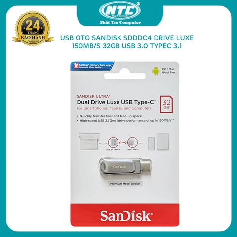 USB OTG 32GB Sandisk SDDDC4 Drive Luxe TypeC 3.1 tốc độ 150MB/s - Vỏ kim loại nguyên khối (Bạc)