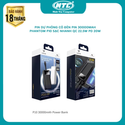 Pin dự phòng sạc nhanh PHANTOM P10 30000mAh Cell Li-po 1260110, có quai xách, đèn pin - hỗ trợ QC 22.5 và PD 20W (2 màu)
