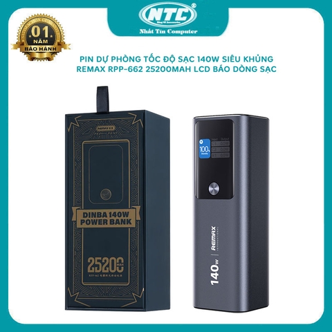Pin dự phòng siêu nhanh 140W REMAX RPP-662 25200mAh sạc laptop, màn hình màu TFT, tích hợp 2 typec in out 140W, 1 USB 22.5W