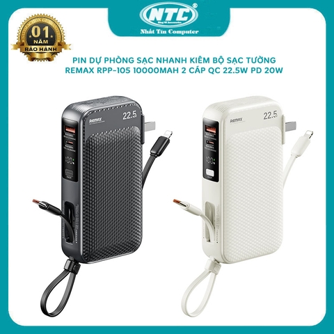 Pin dự phòng sạc nhanh iphone 15 Remax RPP-105 10000mAh kiêm sạc tường, chân cắm nguồn 220V, tích hợp 2 cáp, cáp typec in out (2 màu)