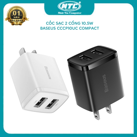 Cốc sạc 2 cổng mini Baseus CCCP10UC 10.5W Compact Charger - tích hợp chip ngắt khi quá tải (màu ngẫu nhiên)