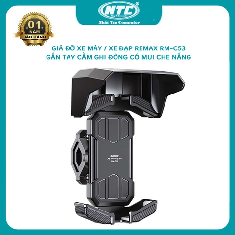 Giá đỡ điện thoại xe máy / xe đạp Remax RM-C53 phù hợp gắn tay cầm ghi đông - có mui che nắng (Đen)