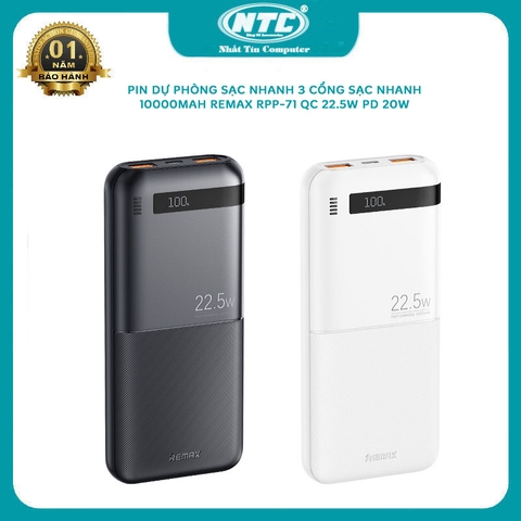 Pin dự phòng 10000mah 3 cổng sạc nhanh Remax RPP-71 hỗ trợ QC 22.5W và PD 20W (màu ngẫu nhiên)