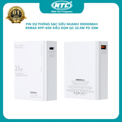 Pin dự phòng sạc nhanh siêu gọn Remax RPP-656 10000mAh hỗ trợ QC 22.5W và PD 33W - lên 50% pin chỉ mất 30p (trắng)