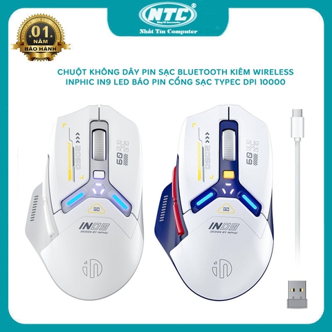 Chuột không dây pin sạc INPHIC IN9 bluetooth kiêm wireless led báo pin - Gaming DPI khủng 10000 Polling rate 1000 Hz (2 màu)