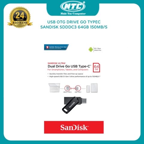 USB OTG 64GB Sandisk SDDDC3 Drive Go TypeC 3.1 tốc độ 150MB/s - vỏ nhựa chống nhiễm điện (Đen)
