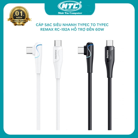 Cáp sạc siêu nhanh typeC to typeC Remax RC-192a PD 60W truyền dữ liệu - chân sạc chữ L tiện lợi (màu ngẫu nhiên)