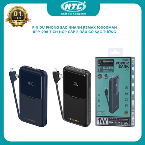 Pin dự phòng kiêm sạc tường Remax RPP-298 10000mah tích hợp cáp sạc nhanh 2 đầu QC 22.5W PD 20W - chân cắm nguồn 220v (2 màu)