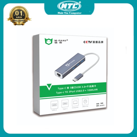 Bộ chuyển đổi đa năng M-Pard MH051 TypeC sang LAN + 3 cổng USB 3.0 - RJ45 tốc độ Gigabit 10/100/1000Mbps