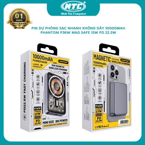 Pin dự phòng không dây sạc nhanh PHANTOM P36W 10000mAh vỏ hợp kim nguyên khối, sạc iphone 15 - magsafe 15W / PD 22.5W (2 màu)