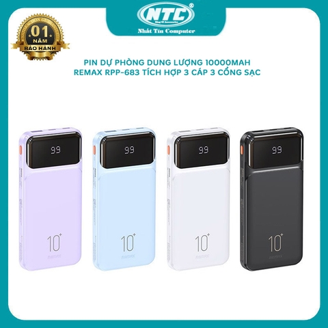 Pin dự phòng 10000mAh Remax RPP-683 sạc iphone 15 - tích hợp 3 cáp sạc 3 cổng sạc (màu ngẫu nhiên)