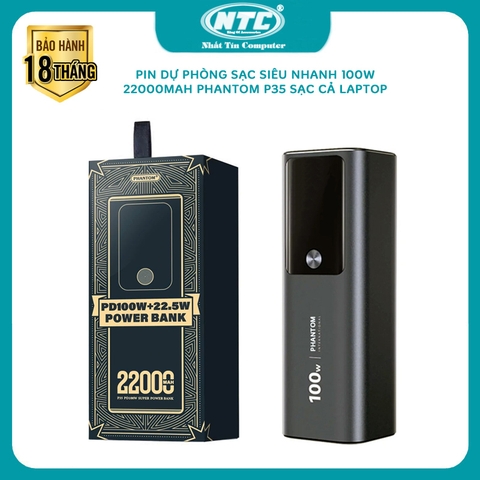 Pin dự phòng 100W PHANTOM P35 22000mah sạc cả laptop, LCD báo dòng sạc, 2 cổng typec in out 100W, 1 USB out 22.5W (đen)