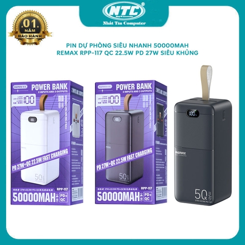 Pin dự phòng siêu nhanh 50000mah REMAX RPP-117 dung lượng khủng sạc iphone 15, màn hình LCD, typec IN OUT - hỗ trợ QC 22.5W và PD 27W