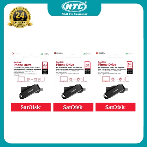 USB OTG Sandisk SDDDC6 Phone Drive 256GB / 128GB / 64GB TypeC 3.1 tốc độ 100MB/s - vỏ nhựa chống nhiễm điện (Đen)