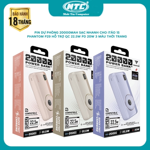 Pin dự phòng 20000mah PHANTOM P29 sạc nhanh cho iphone 15 - hỗ trợ QC 22.5 và PD 20W (xanh, tím, xám)