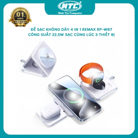 Đế sạc nhanh không dây đa năng 3in1 Remax RP-W87 gấp gọn sạc cùng lúc 3 thiết bị - tích hợp đèn ngủ