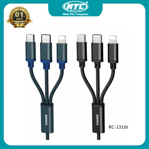 Cáp sạc 3 đầu dây dù 3in1 Remax RC-131th microUSB / TypeC / Lightning max 2.8A dài 1.15M (màu ngẫu nhiên)