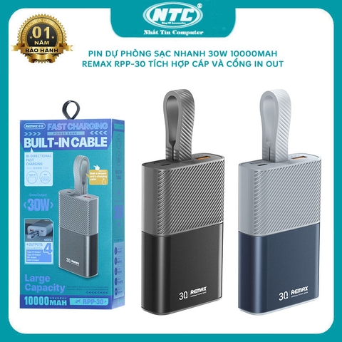 Pin dự phòng siêu nhanh 30W sạc iphone 15 Remax RPP-30 10000mAh tích hợp cáp - hỗ trợ 2 cổng typeC 1 cổng LN in/out (2 màu)