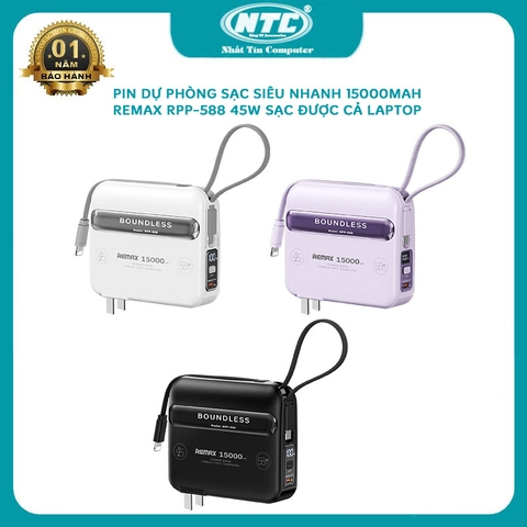 Pin dự phòng siêu nhanh hỗ trợ iphone 15 Remax RPP-588 15000mAh tích hợp 2 cáp sạc 45W sạc được cả laptop - chân cắm nguồn trực tiếp 220v (3 màu)